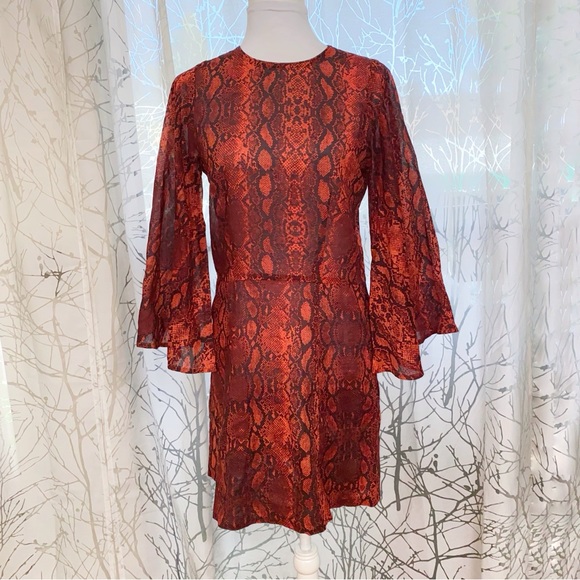 ACACIA red black snake print round neck long bell sleeve dress swim coverup - Picture 1 of 5